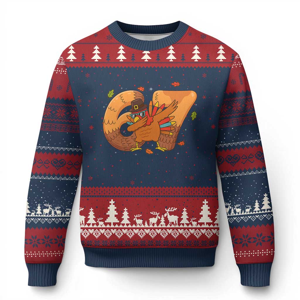 Thanksgiving Turkey Dabbing Ugly Christmas Sweater Six Seven Meme Trending Gift TS12 Navy Red Print Your Wear