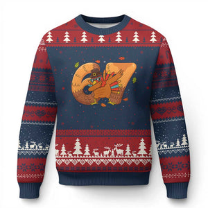 Thanksgiving Turkey Dabbing Ugly Christmas Sweater Six Seven Meme Trending Gift TS12 Navy Red Print Your Wear