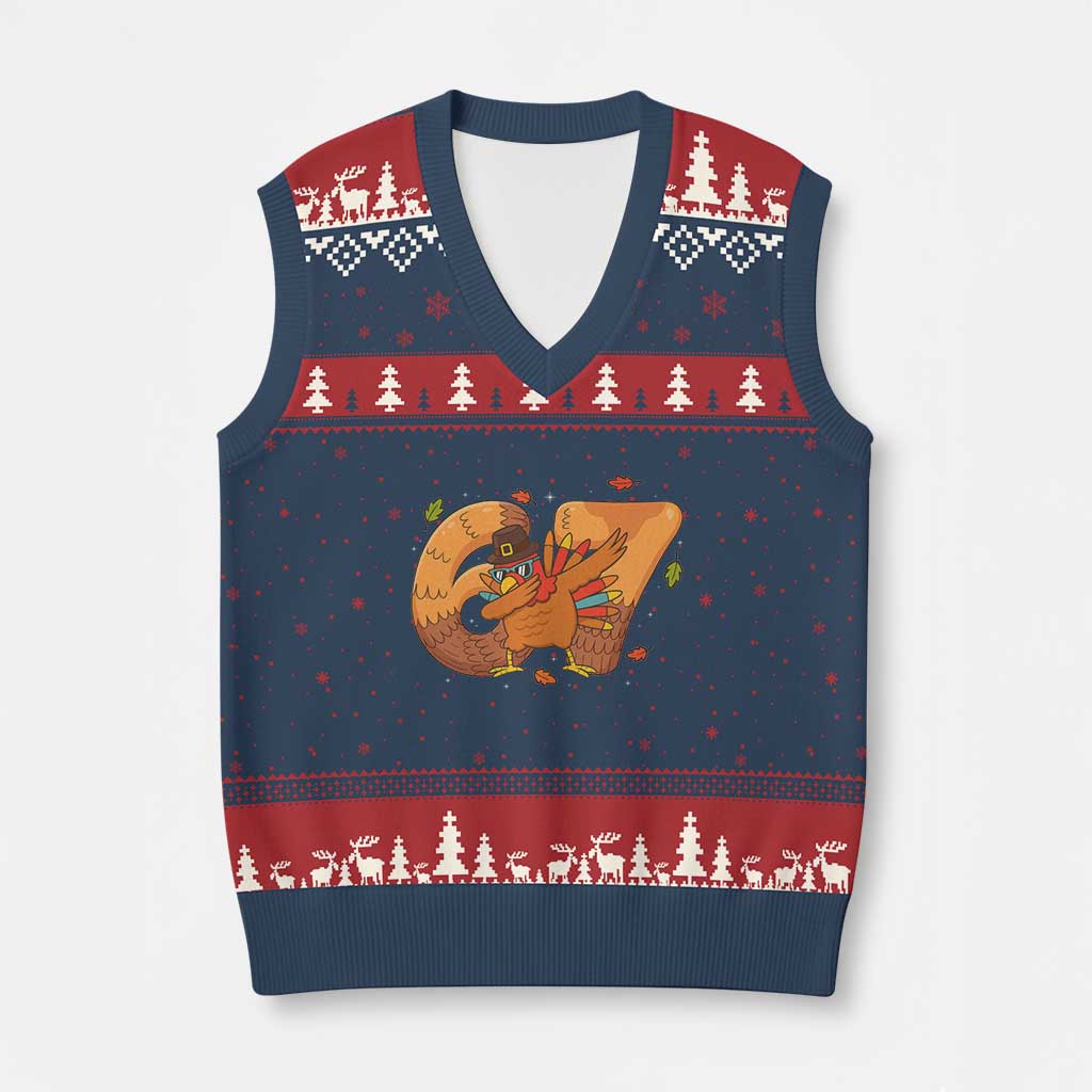 Thanksgiving Turkey Dabbing V-Neck Knit Sweater Vest Six Seven Meme Trending Gift TS12 Navy Red Print Your Wear