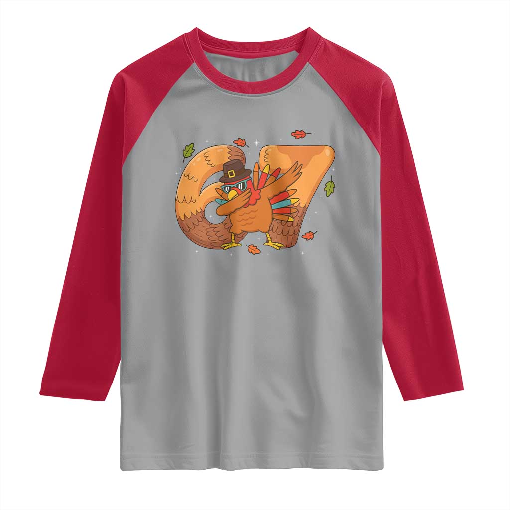 Thanksgiving Turkey Dabbing Raglan Shirt Six Seven Meme Trending Gift TS12 Sport Gray Red Print Your Wear