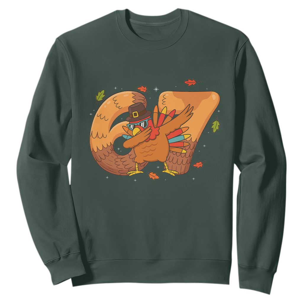 Thanksgiving Turkey Dabbing Sweatshirt Six Seven Meme Trending Gift TS12 Dark Forest Green Print Your Wear
