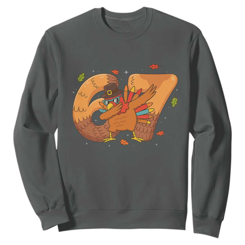 Thanksgiving Turkey Dabbing Sweatshirt Six Seven Meme Trending Gift TS12 Dark Heather Print Your Wear