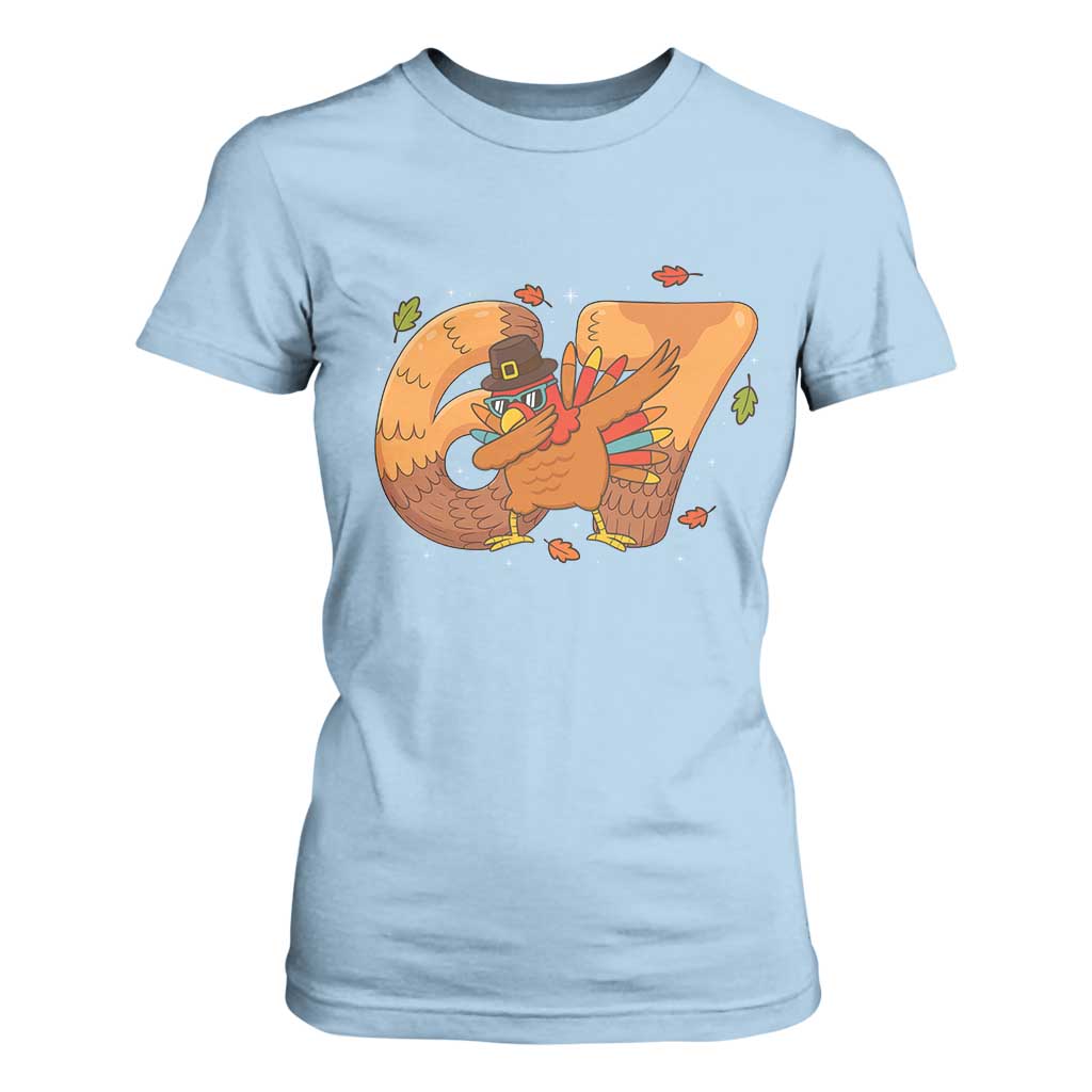 Thanksgiving Turkey Dabbing T Shirt For Women Six Seven Meme Trending Gift TS12 Light Blue Print Your Wear