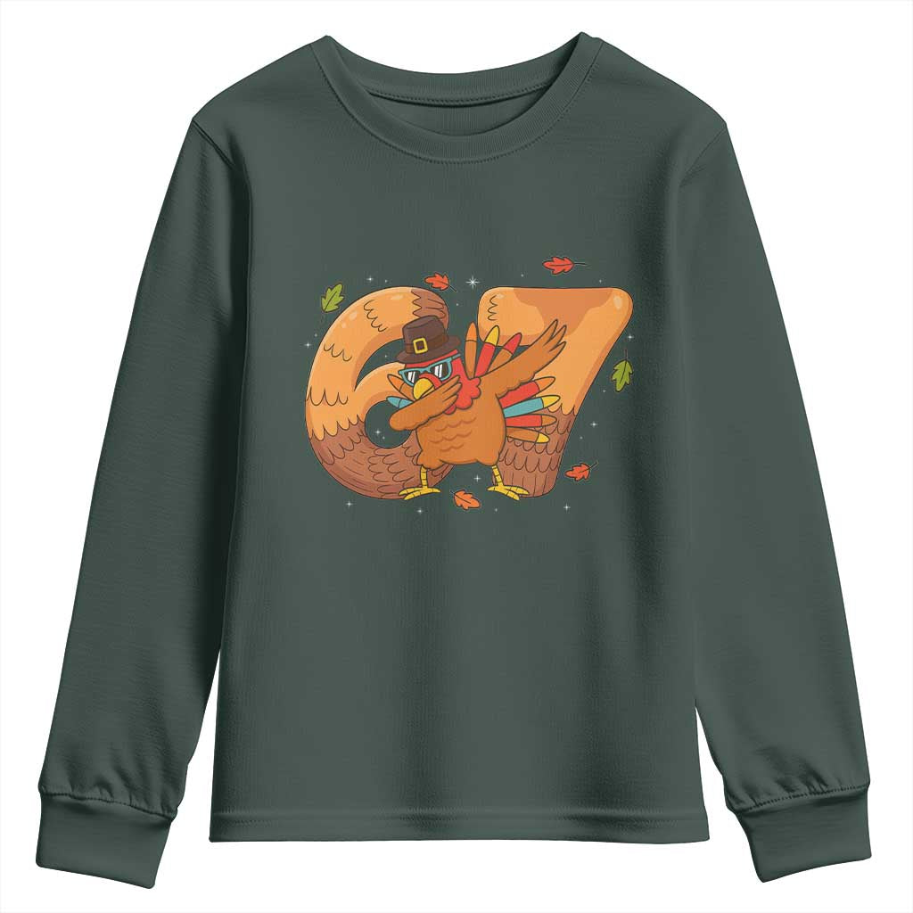 Thanksgiving Turkey Dabbing Youth Sweatshirt Six Seven Meme Trending Gift TS12 Dark Forest Green Print Your Wear