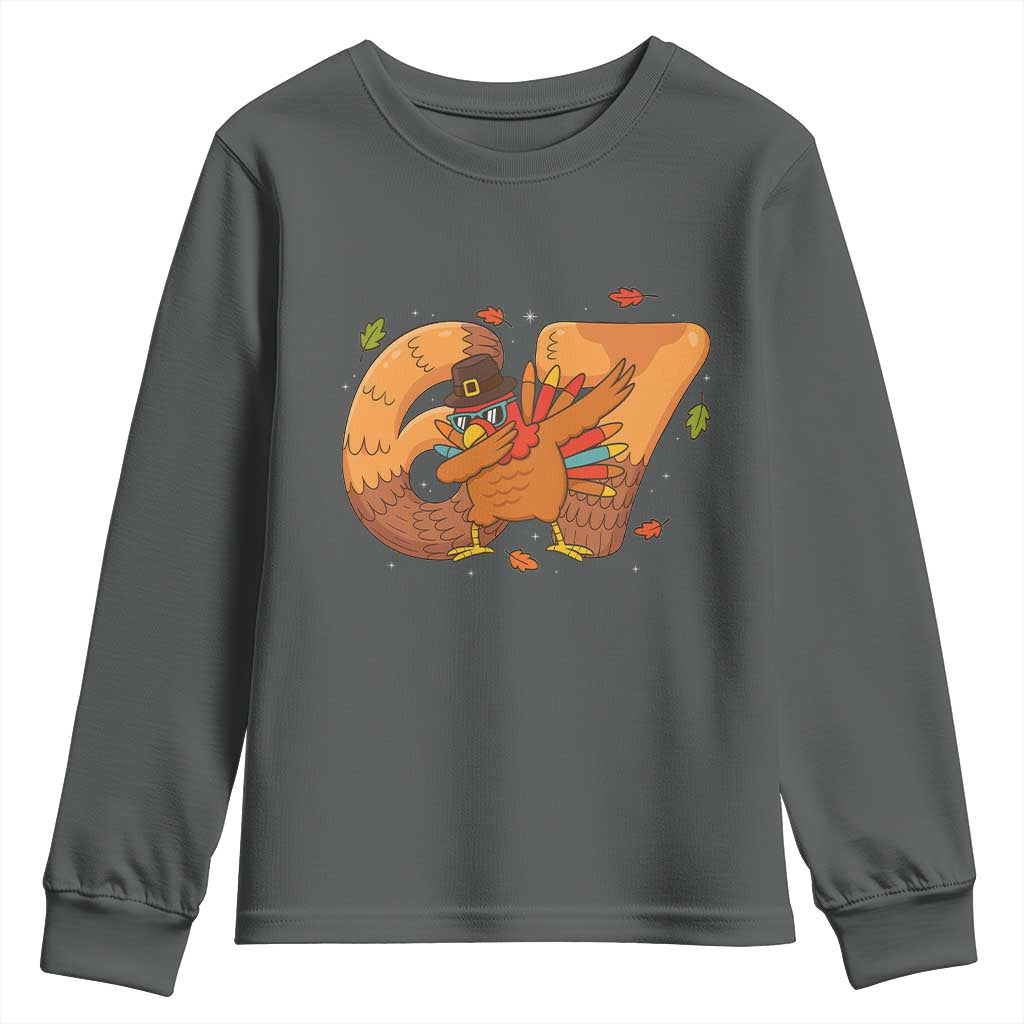 Thanksgiving Turkey Dabbing Youth Sweatshirt Six Seven Meme Trending Gift TS12 Dark Heather Print Your Wear
