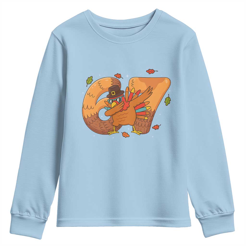 Thanksgiving Turkey Dabbing Youth Sweatshirt Six Seven Meme Trending Gift TS12 Light Blue Print Your Wear