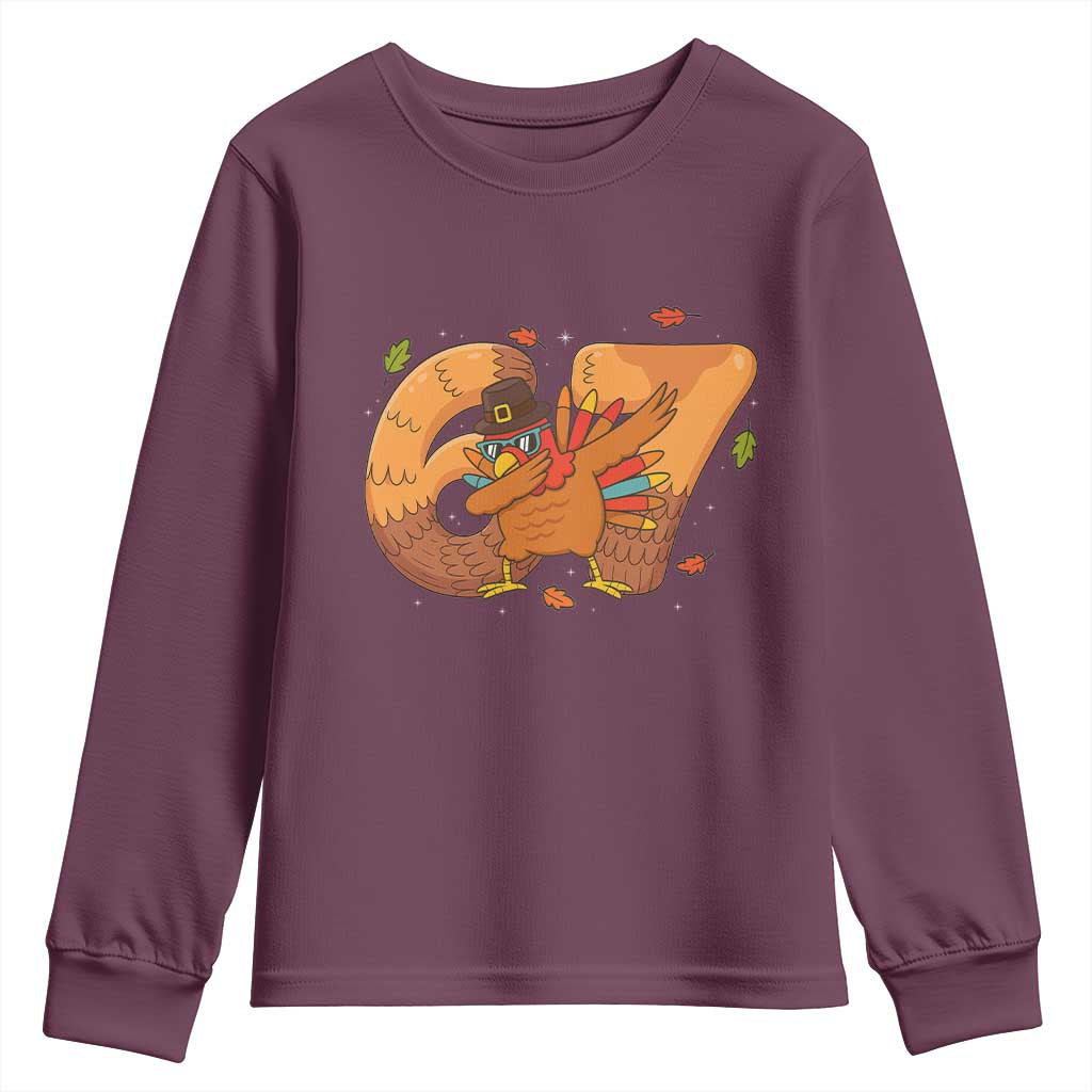 Thanksgiving Turkey Dabbing Youth Sweatshirt Six Seven Meme Trending Gift TS12 Maroon Print Your Wear