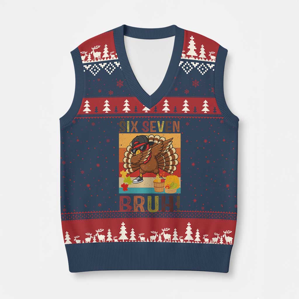 Six Seven Meme Turkey Dabbing V-Neck Knit Sweater Vest Funny Thanksgiving Gift TS12 Navy Red Print Your Wear