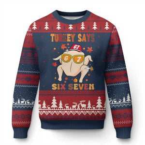 Turkey Says Six Seven Ugly Christmas Sweater Funny Thanksgiving Meme Gift TS12 Navy Red Print Your Wear