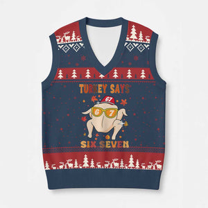 Turkey Says Six Seven V-Neck Knit Sweater Vest Funny Thanksgiving Meme Gift TS12 Navy Red Print Your Wear