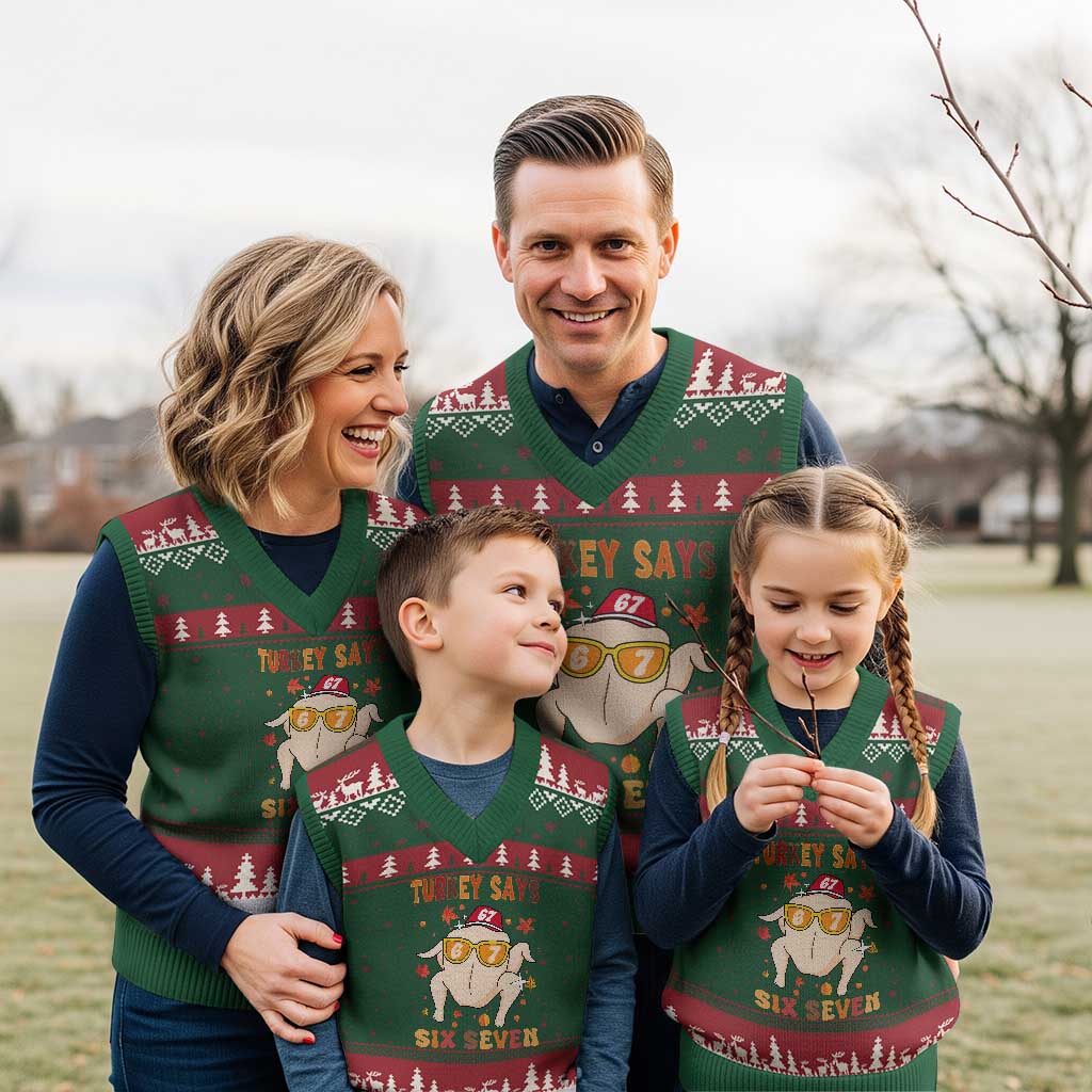 Turkey Says Six Seven V-Neck Knit Sweater Vest Funny Thanksgiving Meme Gift TS12 Red Green Print Your Wear