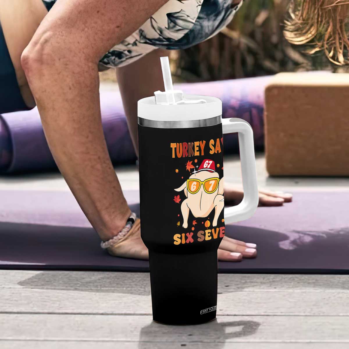 Turkey Says Six Seven Tumbler With Handle Funny Thanksgiving Meme Gift TS12 Print Your Wear