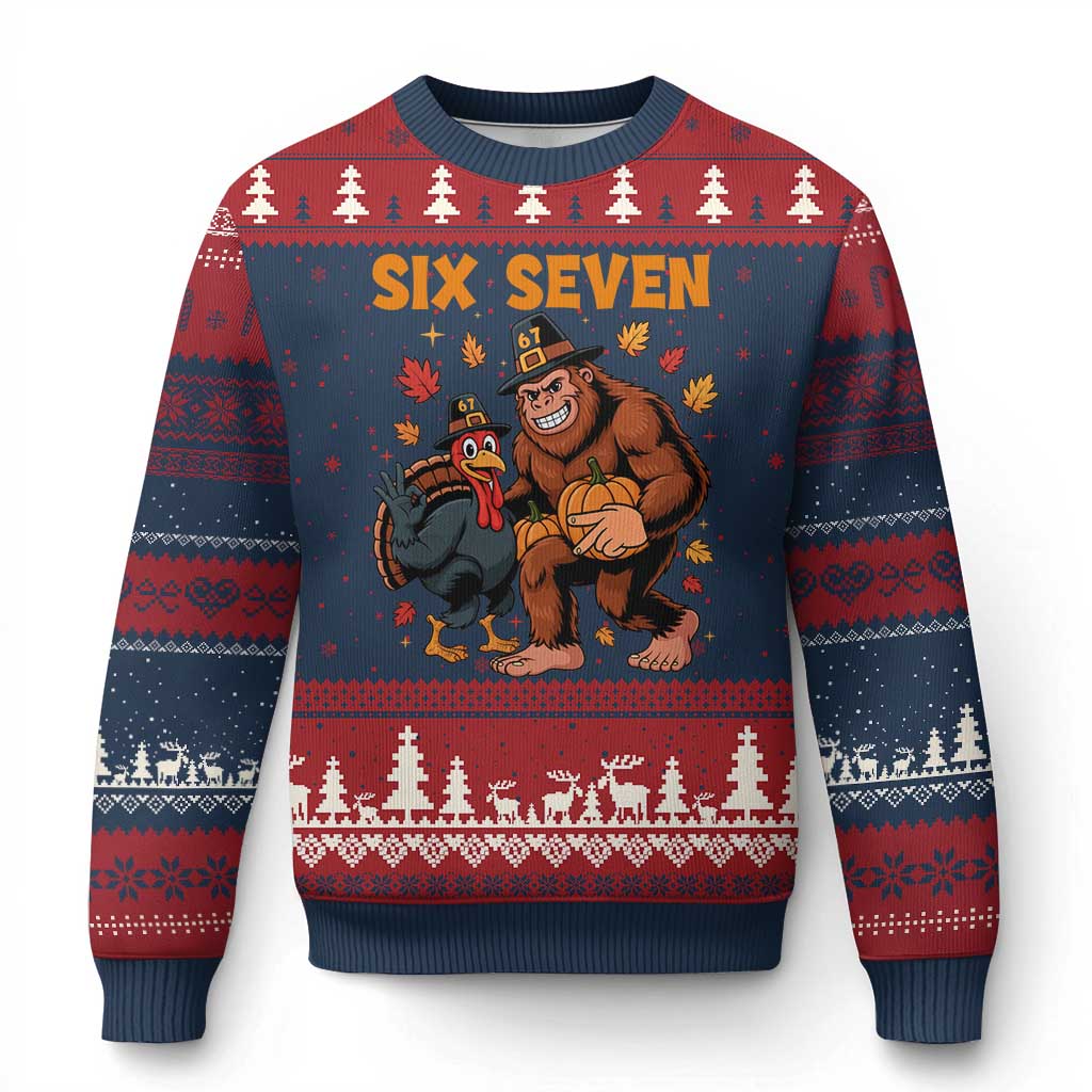 Six Seven Meme Bigfoot And Turkey Ugly Christmas Sweater Funny Thanksgiving Gift TS12 Navy Red Print Your Wear