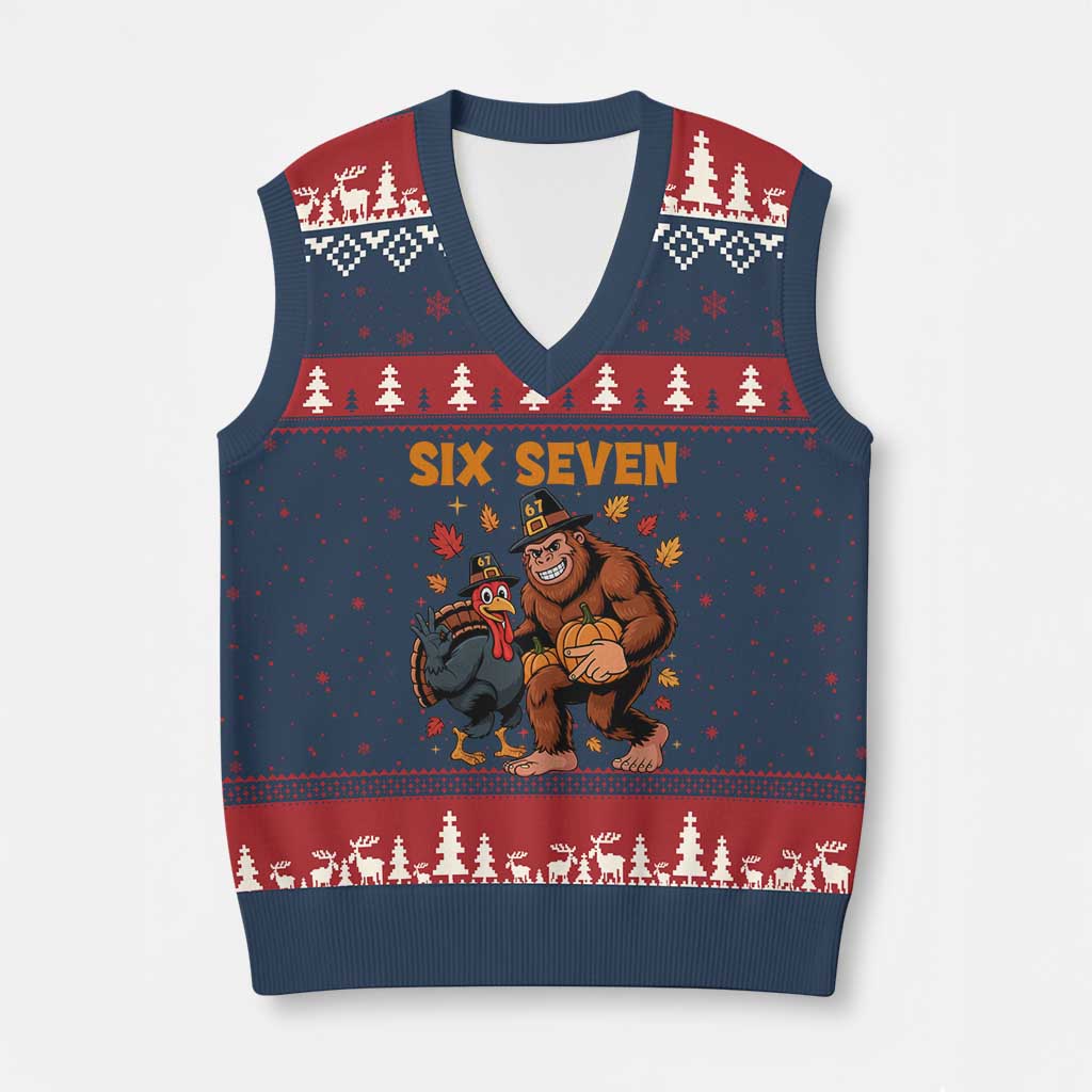 Six Seven Meme Bigfoot And Turkey V-Neck Knit Sweater Vest Funny Thanksgiving Gift TS12 Navy Red Print Your Wear