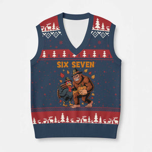 Six Seven Meme Bigfoot And Turkey V-Neck Knit Sweater Vest Funny Thanksgiving Gift TS12 Navy Red Print Your Wear