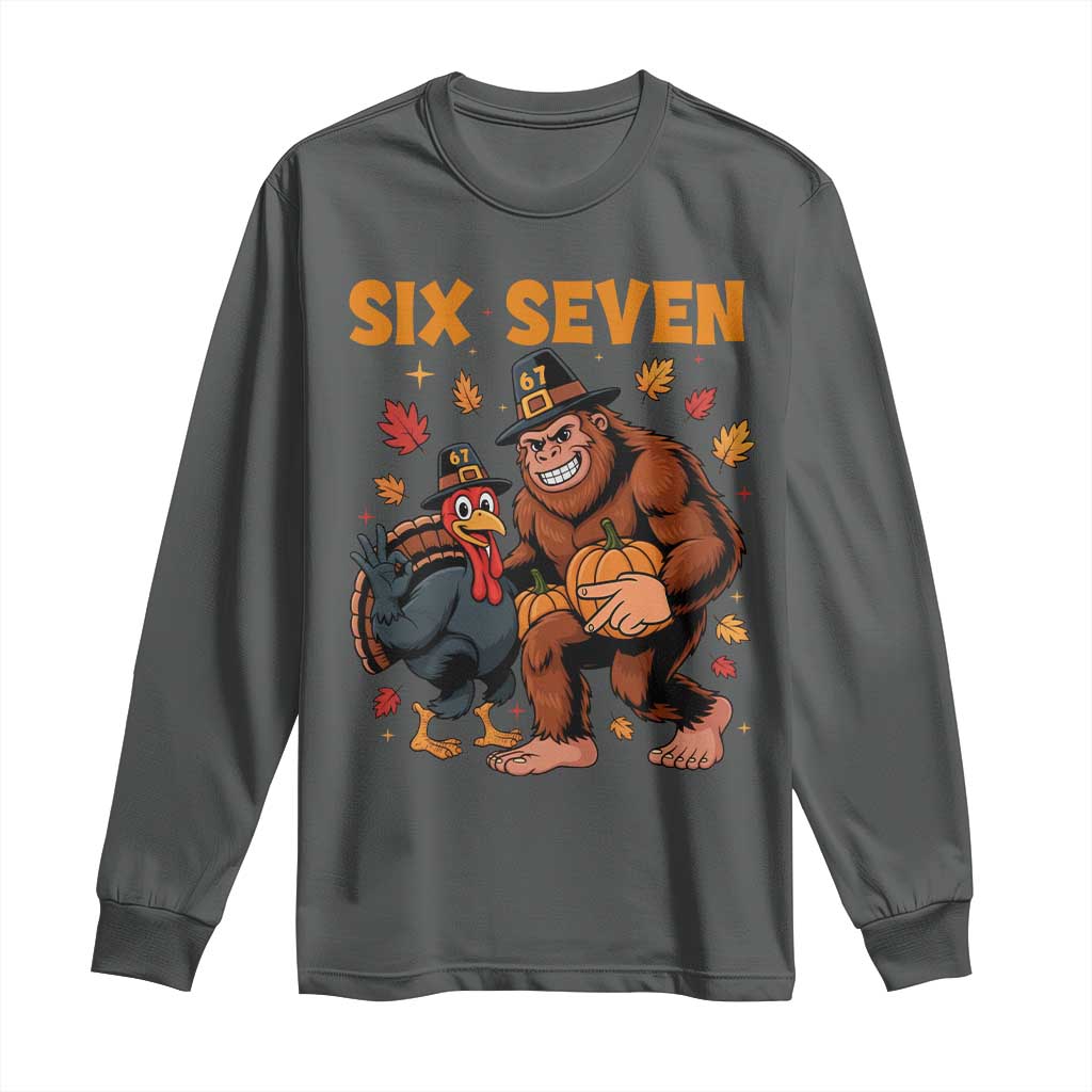 Six Seven Meme Bigfoot And Turkey Long Sleeve Shirt Funny Thanksgiving Gift TS12 Dark Heather Print Your Wear