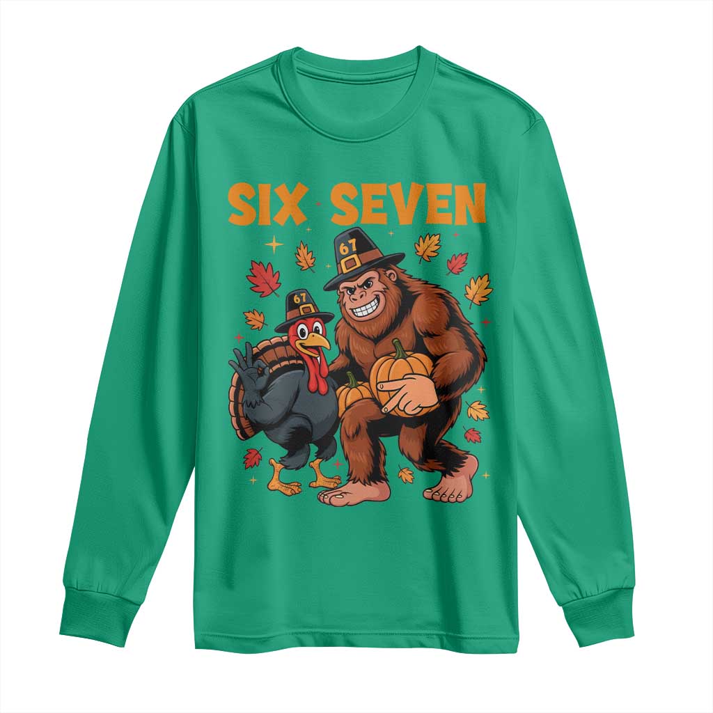 Six Seven Meme Bigfoot And Turkey Long Sleeve Shirt Funny Thanksgiving Gift TS12 Irish Green Print Your Wear