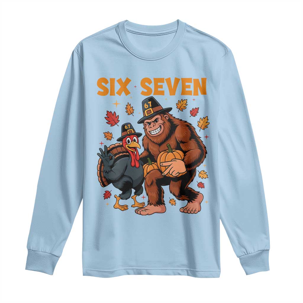 Six Seven Meme Bigfoot And Turkey Long Sleeve Shirt Funny Thanksgiving Gift TS12 Light Blue Print Your Wear