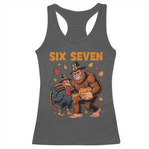 Six Seven Meme Bigfoot And Turkey Racerback Tank Top Funny Thanksgiving Gift TS12 Dark Heather Print Your Wear