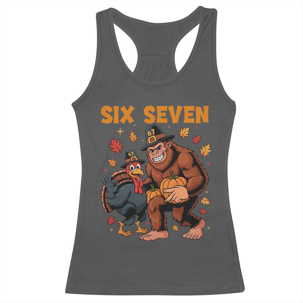 Six Seven Meme Bigfoot And Turkey Racerback Tank Top Funny Thanksgiving Gift TS12 Dark Heather Print Your Wear