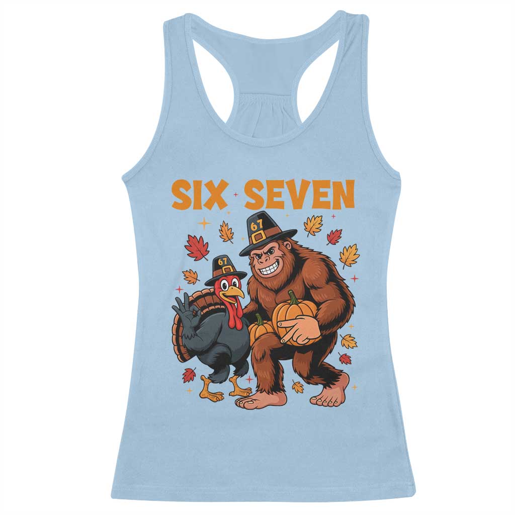 Six Seven Meme Bigfoot And Turkey Racerback Tank Top Funny Thanksgiving Gift TS12 Light Blue Print Your Wear