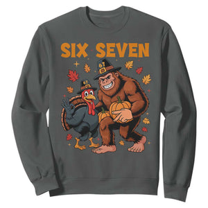Six Seven Meme Bigfoot And Turkey Sweatshirt Funny Thanksgiving Gift TS12 Dark Heather Print Your Wear