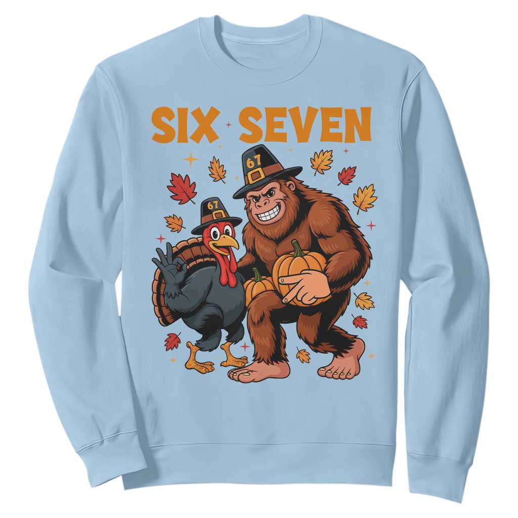 Six Seven Meme Bigfoot And Turkey Sweatshirt Funny Thanksgiving Gift TS12 Light Blue Print Your Wear