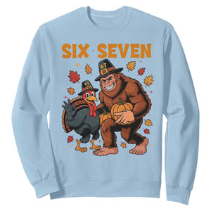 Six Seven Meme Bigfoot And Turkey Sweatshirt Funny Thanksgiving Gift TS12 Light Blue Print Your Wear