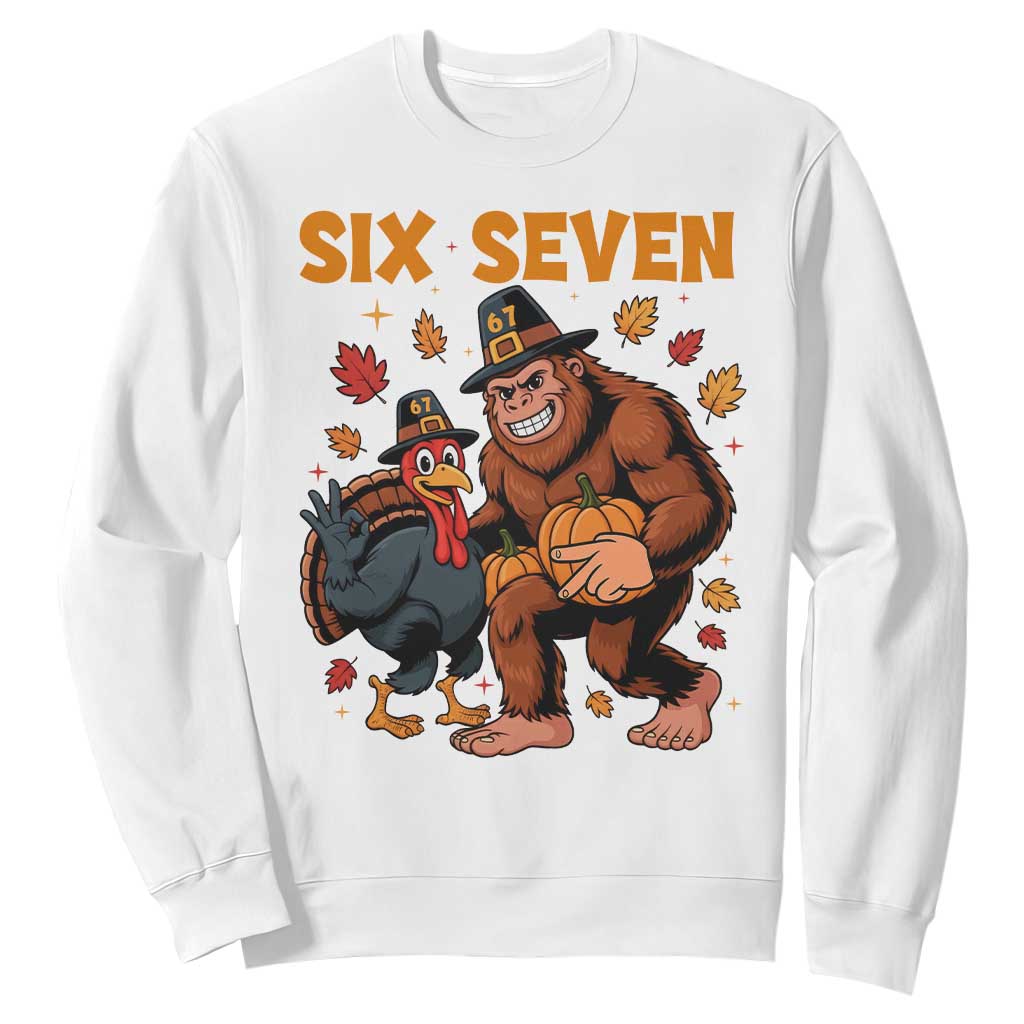 Six Seven Meme Bigfoot And Turkey Sweatshirt Funny Thanksgiving Gift TS12 White Print Your Wear