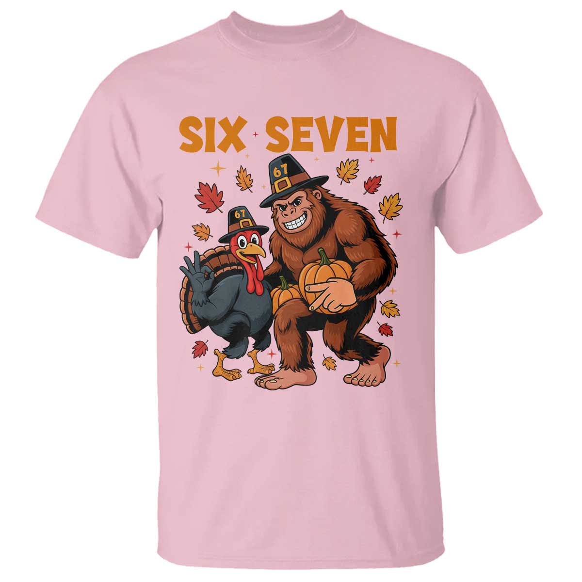 Six Seven Meme Bigfoot And Turkey T Shirt Funny Thanksgiving Gift TS12 Light Pink Print Your Wear