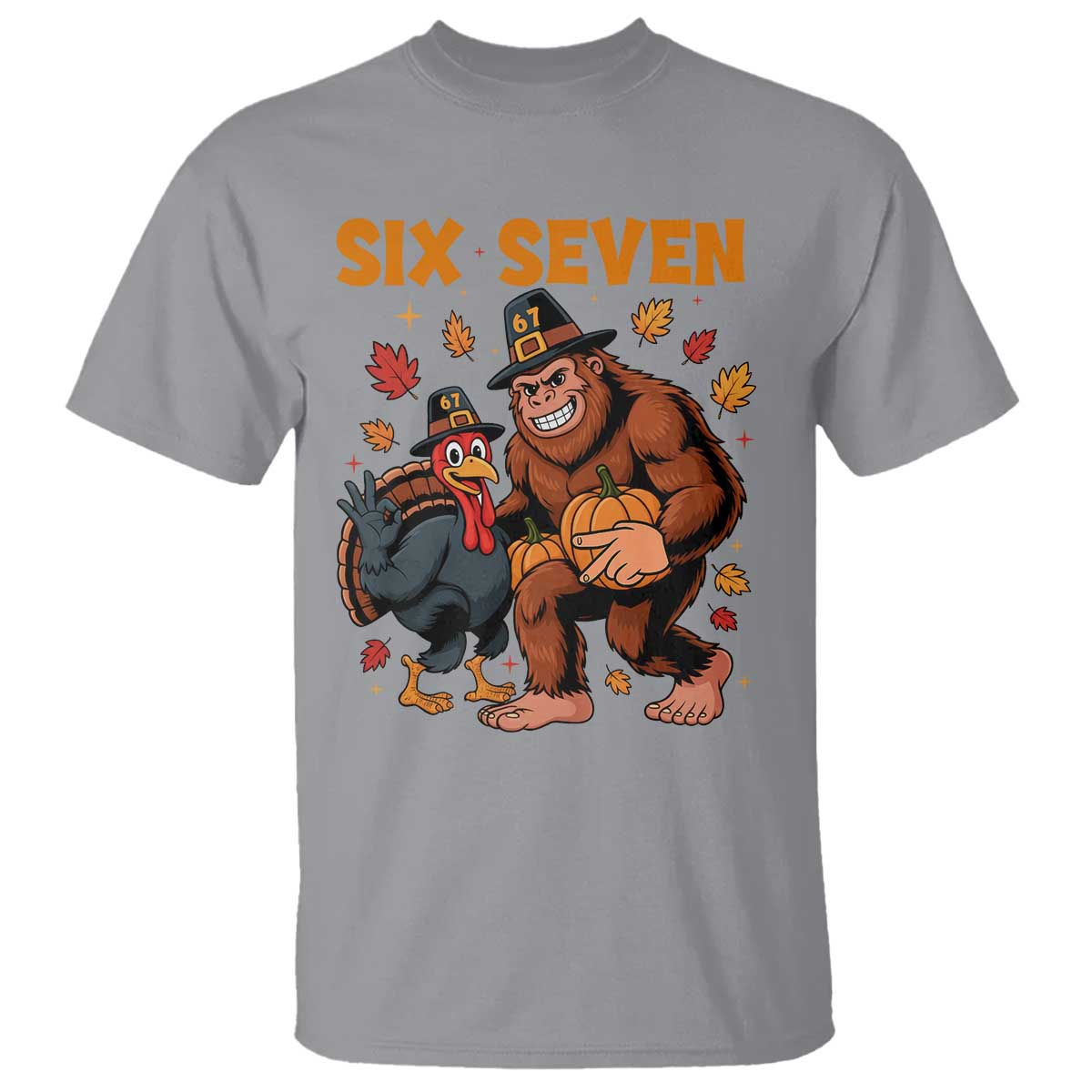 Six Seven Meme Bigfoot And Turkey T Shirt Funny Thanksgiving Gift TS12 Sport Gray Print Your Wear