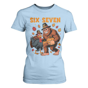 Six Seven Meme Bigfoot And Turkey T Shirt For Women Funny Thanksgiving Gift TS12 Light Blue Print Your Wear