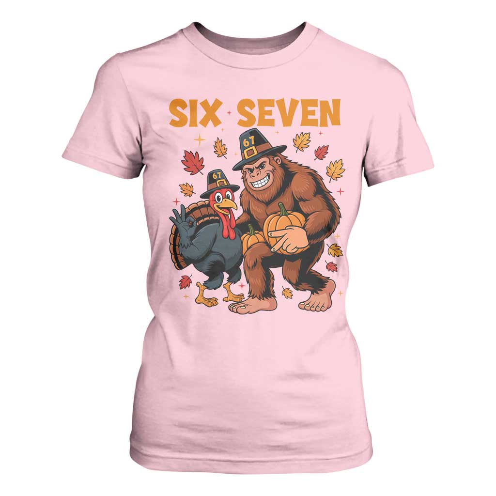 Six Seven Meme Bigfoot And Turkey T Shirt For Women Funny Thanksgiving Gift TS12 Light Pink Print Your Wear