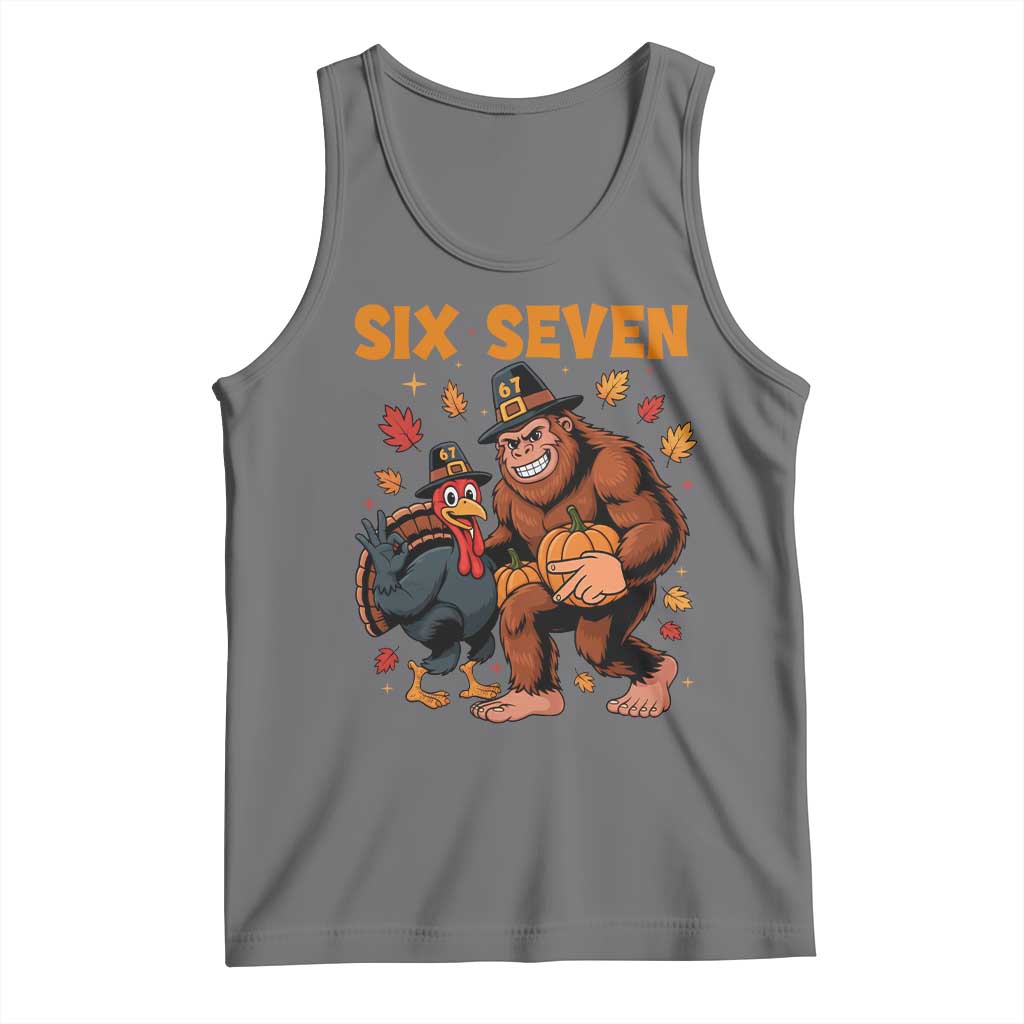 Six Seven Meme Bigfoot And Turkey Tank Top Funny Thanksgiving Gift TS12 Black Heather Print Your Wear