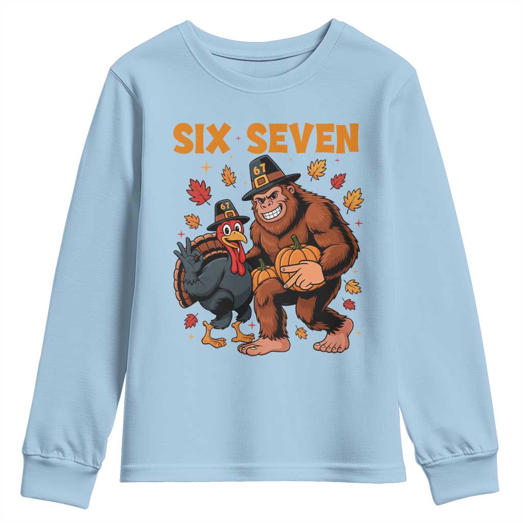 Six Seven Meme Bigfoot And Turkey Youth Sweatshirt Funny Thanksgiving Gift TS12 Light Blue Print Your Wear
