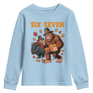 Six Seven Meme Bigfoot And Turkey Youth Sweatshirt Funny Thanksgiving Gift TS12 Light Blue Print Your Wear