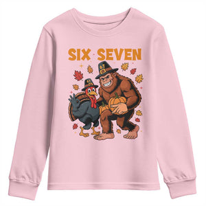 Six Seven Meme Bigfoot And Turkey Youth Sweatshirt Funny Thanksgiving Gift TS12 Light Pink Print Your Wear