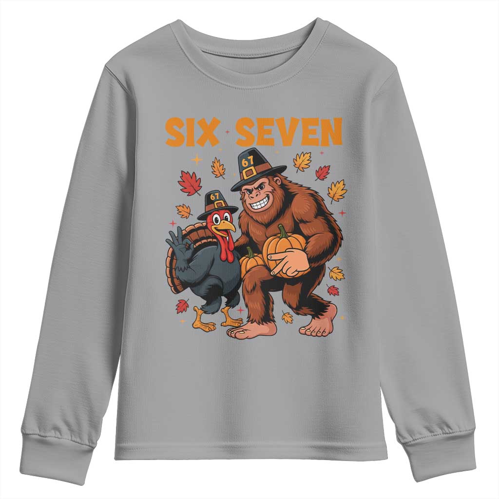 Six Seven Meme Bigfoot And Turkey Youth Sweatshirt Funny Thanksgiving Gift TS12 Sport Gray Print Your Wear