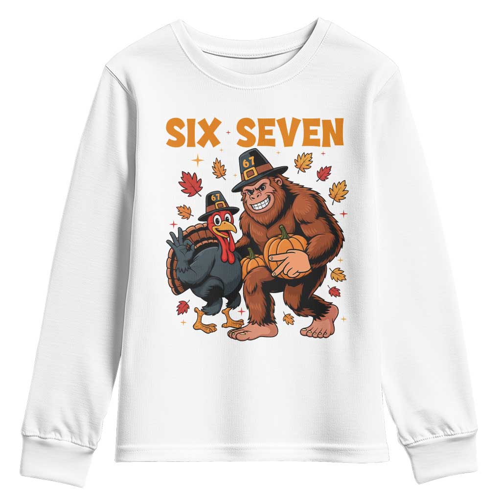 Six Seven Meme Bigfoot And Turkey Youth Sweatshirt Funny Thanksgiving Gift TS12 White Print Your Wear