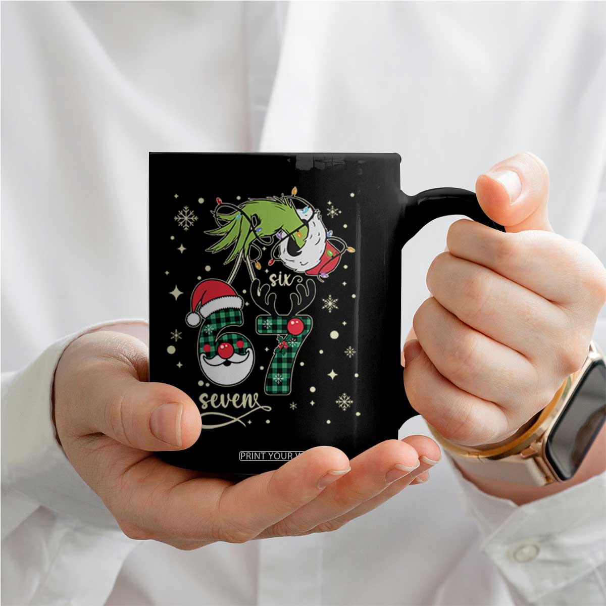 Funny Green Hand Six Seven Meme Coffee Mug Gen Z Alpha Xmas Gift TS12 Print Your Wear