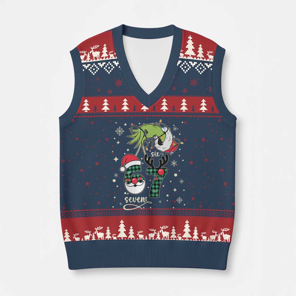 Funny Green Hand Six Seven Meme V-Neck Knit Sweater Vest Gen Z Alpha Xmas Gift TS12 Navy Red Print Your Wear