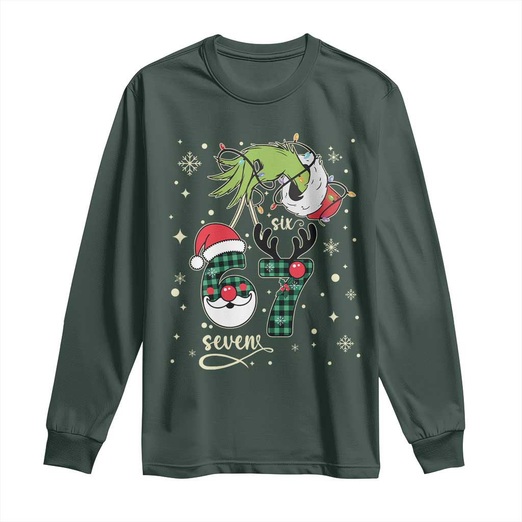 Funny Green Hand Six Seven Meme Long Sleeve Shirt Gen Z Alpha Xmas Gift TS12 Dark Forest Green Print Your Wear
