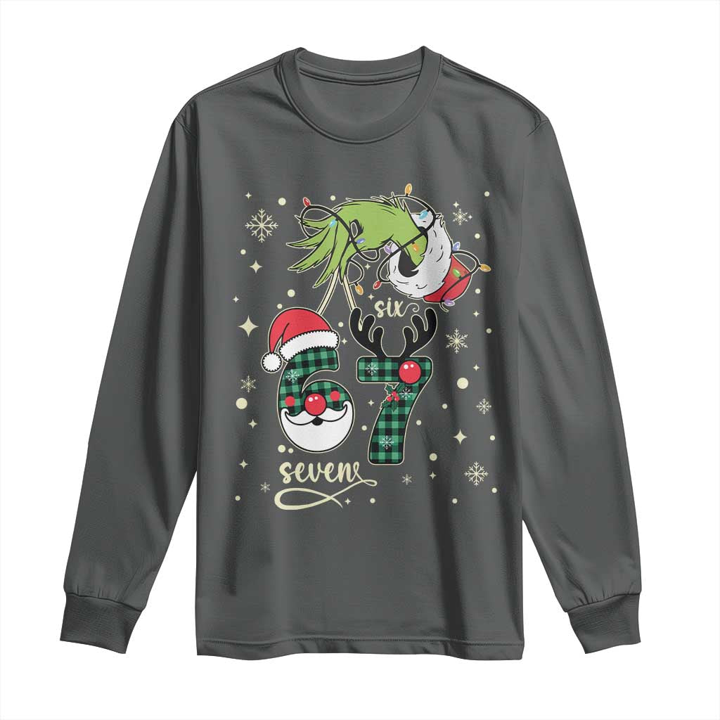 Funny Green Hand Six Seven Meme Long Sleeve Shirt Gen Z Alpha Xmas Gift TS12 Dark Heather Print Your Wear