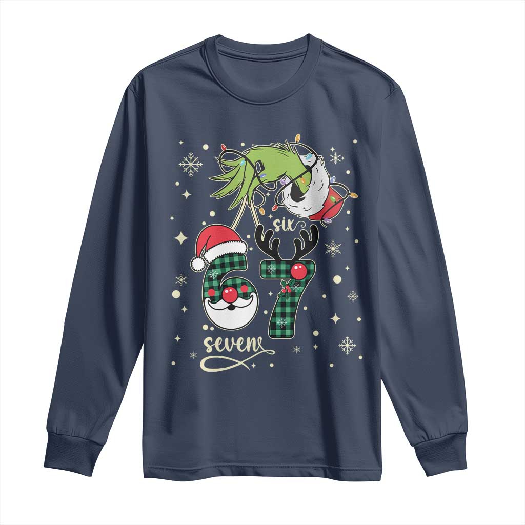 Funny Green Hand Six Seven Meme Long Sleeve Shirt Gen Z Alpha Xmas Gift TS12 Navy Print Your Wear