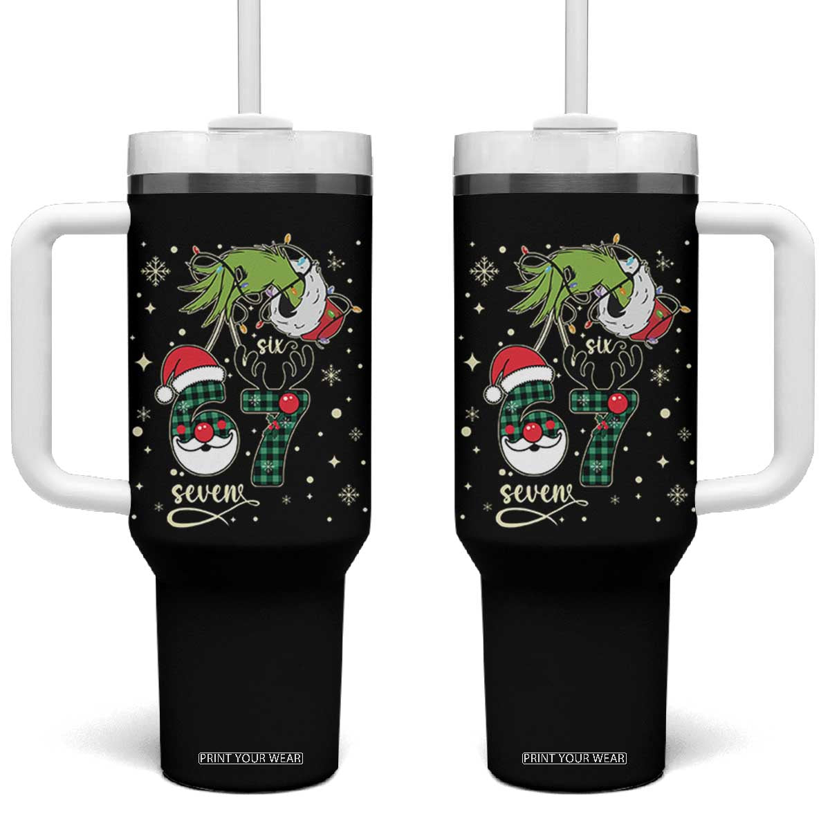 Funny Green Hand Six Seven Meme Tumbler With Handle Gen Z Alpha Xmas Gift TS12 One Size: 40 oz Black Print Your Wear