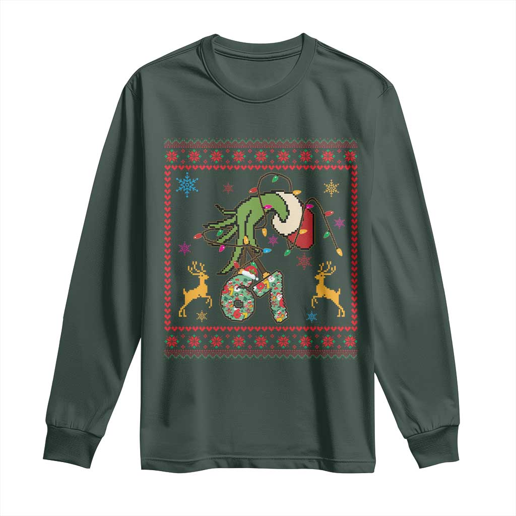 Green Hand 67 Meme Ugly Sweater Long Sleeve Shirt Funny Holiday Gift TS12 Dark Forest Green Print Your Wear