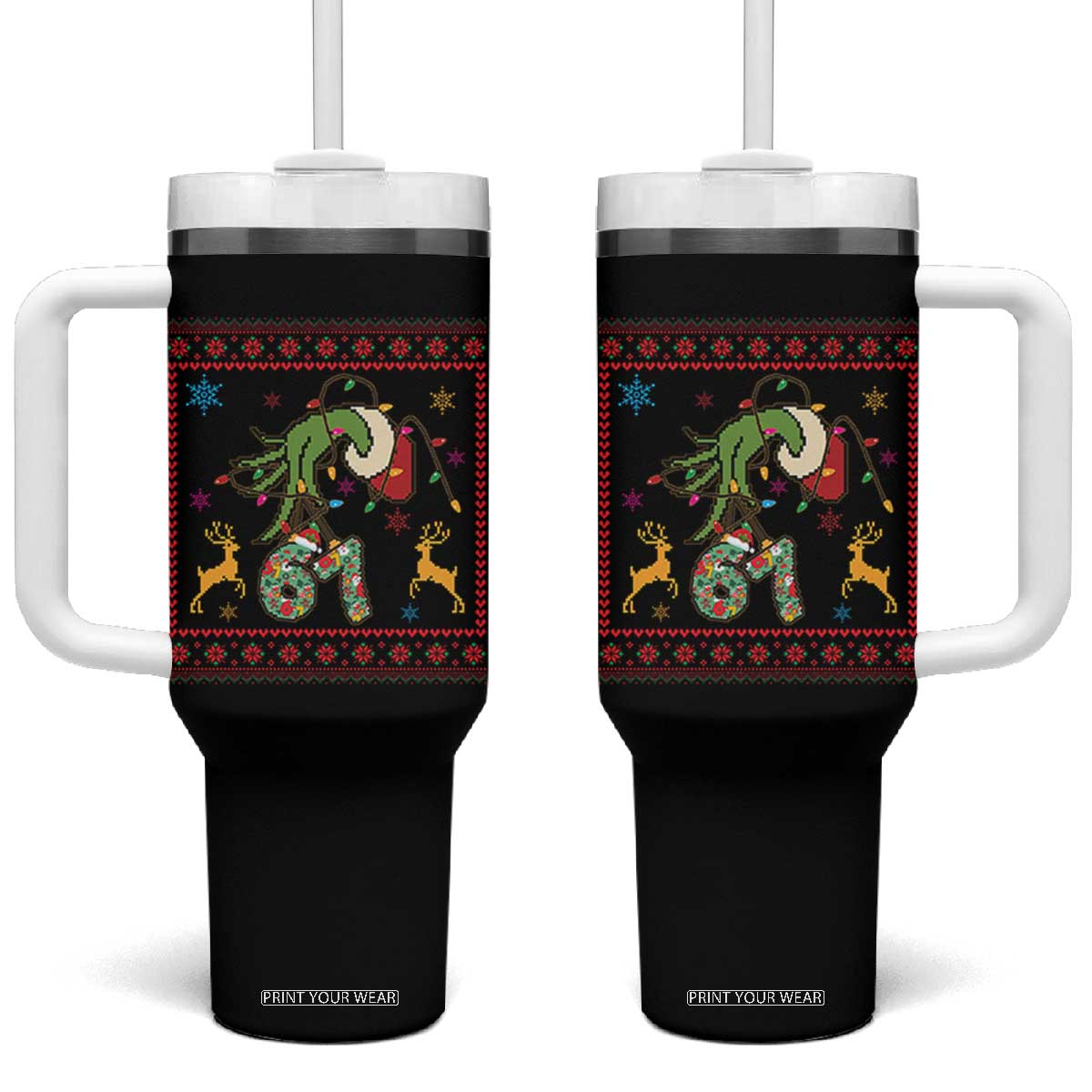 Green Hand 67 Meme Ugly Sweater Tumbler With Handle Funny Holiday Gift TS12 One Size: 40 oz Black Print Your Wear