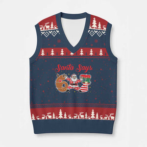 Funny Santa Says Six Seven Meme V-Neck Knit Sweater Vest Holiday Gift For Gen Z TS12 Navy Red Print Your Wear