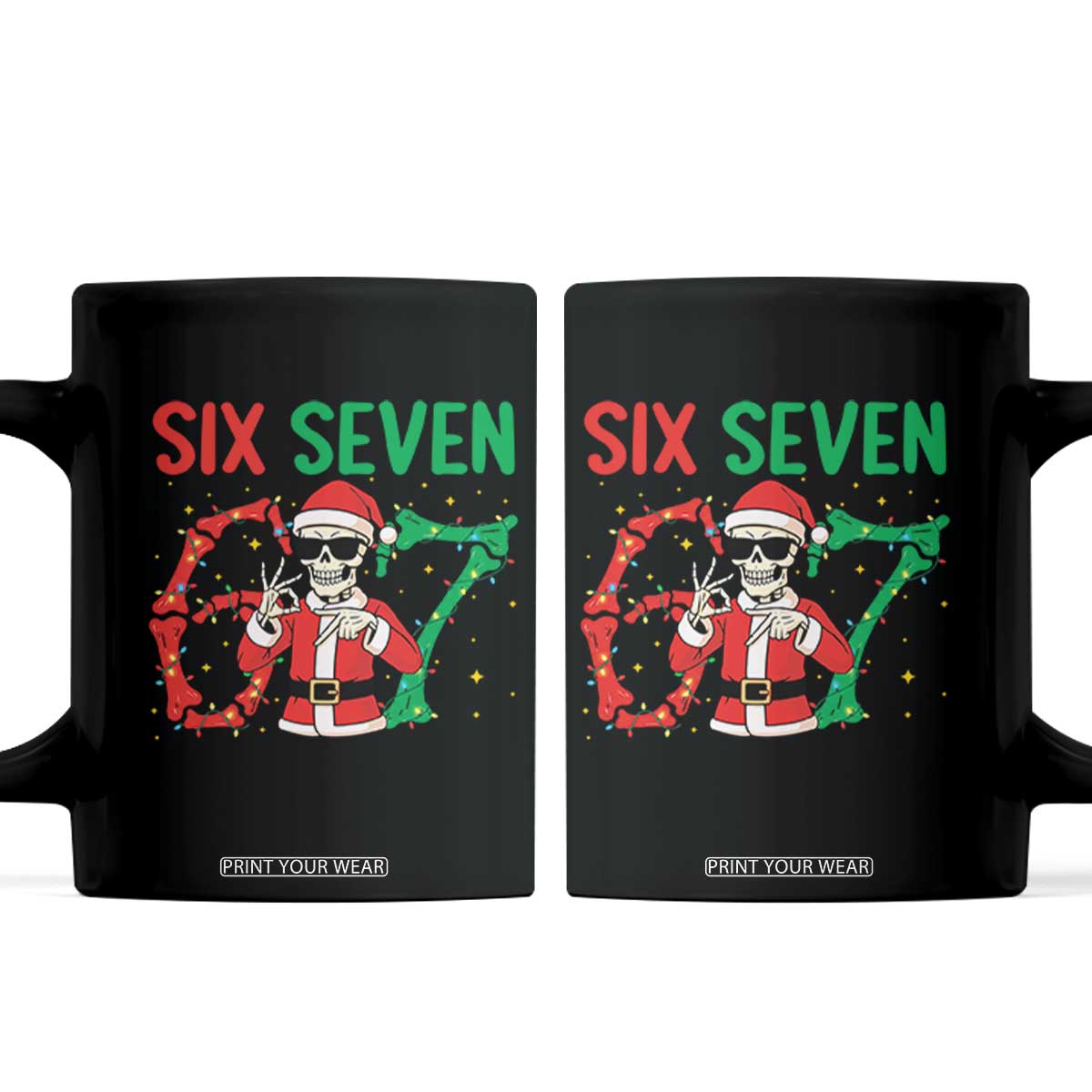 Funny Santa Skeleton Says Six Seven Coffee Mug Christmas Meme Gift TS12 Black Print Your Wear