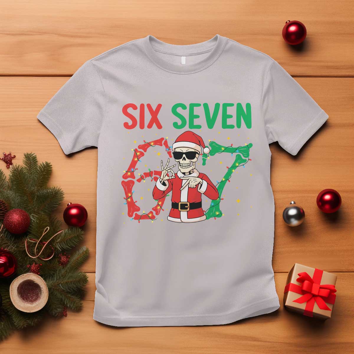 Funny Santa Skeleton Says Six Seven T Shirt Christmas Meme Gift TS12 Ice Gray Print Your Wear